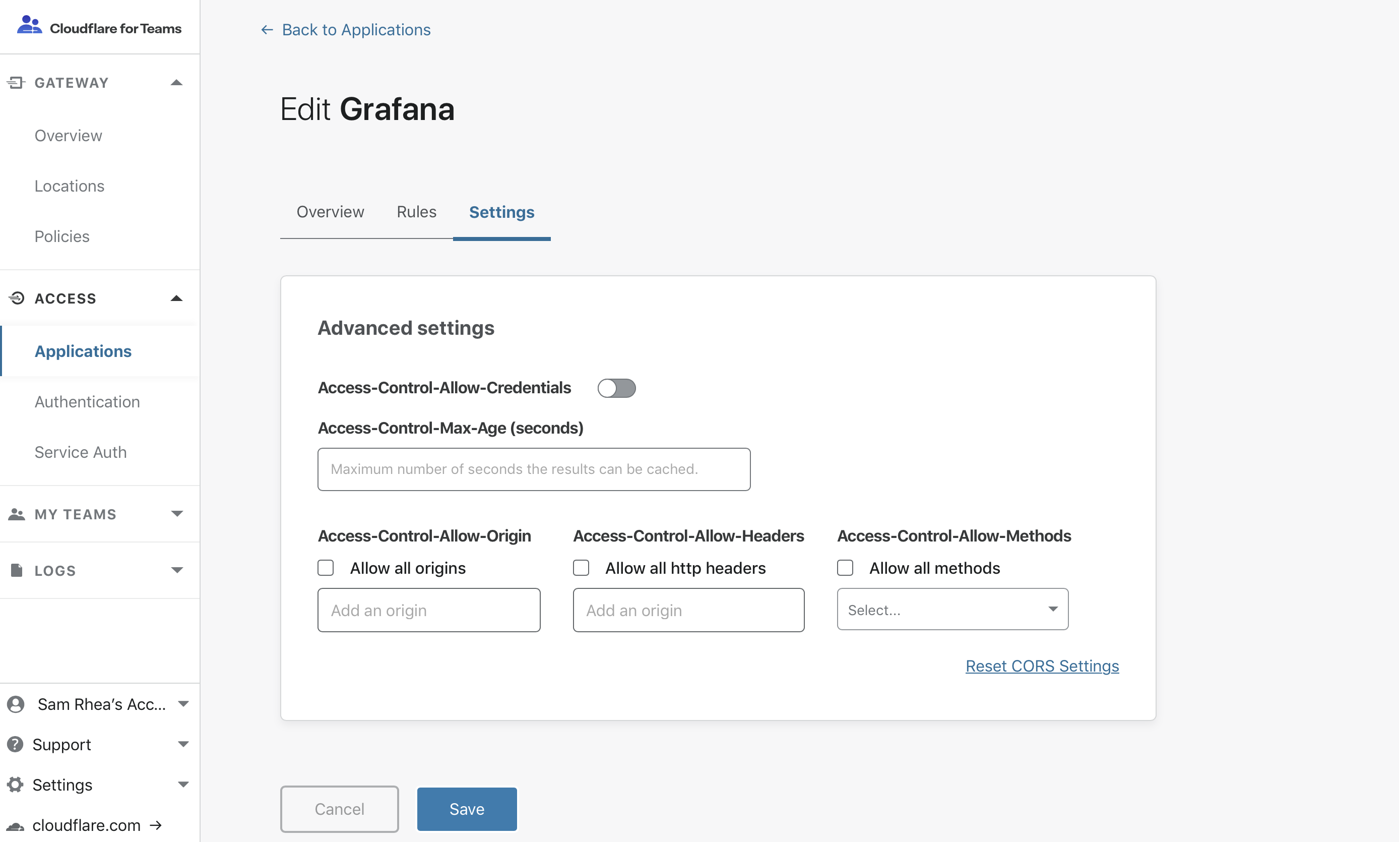 Create Policy window Advanced Settings CORS Settings Advanced Settings CORS section