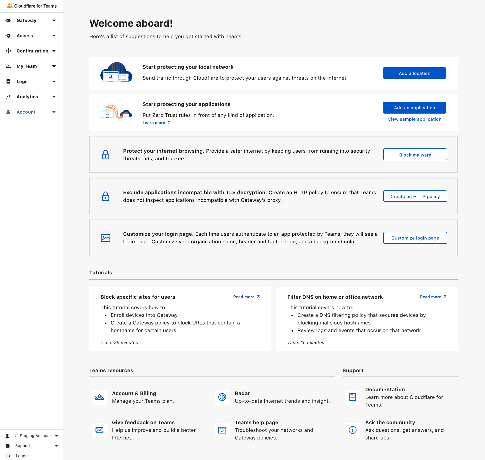 Cloudflare for Teams Dashboard Home