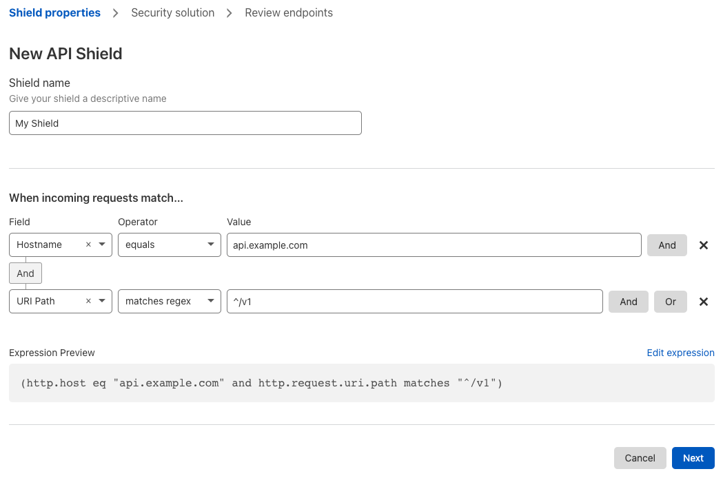 API Shield Properties wizard step