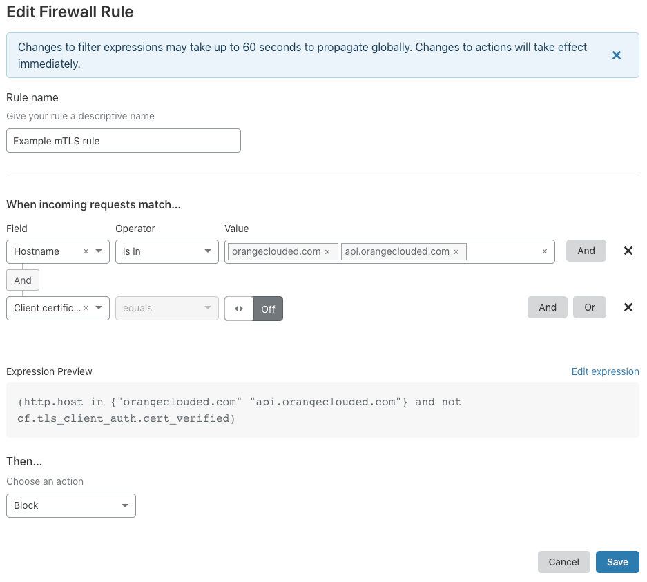 Edit Firewall Rule dialog with example mTLS rule