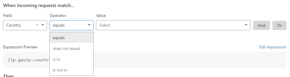 Selecting an operator in the Expression Builder