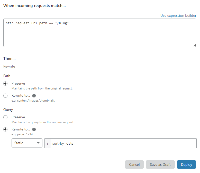Rule configuration for query rewrite in the blog example