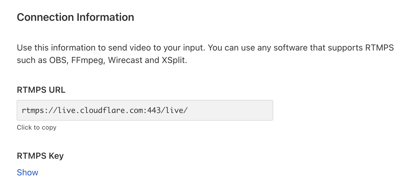Your Live Input’s RTMPS URL and key